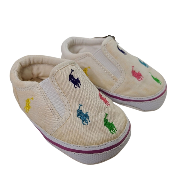 RALPH LAUREN LAYETTE Embroidered Baby Shoes Sneakers Infant Sz 4 FLAWS - Picture 2 of 9